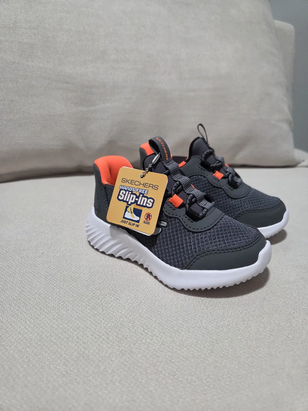 New Skechers Kids Gray & Orange Slip-Ins Athletic Sneakers 6c